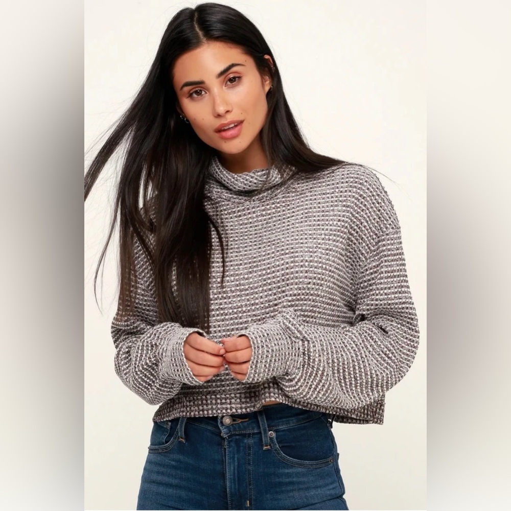 FREE PEOPLE Waffle Knit Cropped Turtleneck Long Sleeve Boho Sweater Size S